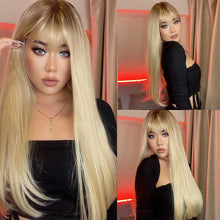 Load image into Gallery viewer, HAIRCUBE Long Straight Synthetic Wigs Brown Mixed White Highlight Hair Layered Wigs for Black Women Heat Resistant Cosplay Wigs