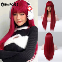 Load image into Gallery viewer, HAIRCUBE Long Straight Synthetic Wigs Brown Mixed White Highlight Hair Layered Wigs for Black Women Heat Resistant Cosplay Wigs