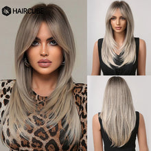 Load image into Gallery viewer, HAIRCUBE Long Straight Synthetic Wigs Brown Mixed White Highlight Hair Layered Wigs for Black Women Heat Resistant Cosplay Wigs