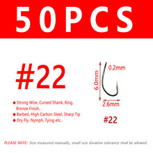 Load image into Gallery viewer, Bimoo 50pcs Fly Fishing Dry Fly Hook Standard Wire Nymph Curved Hook Bronze Finish Small Fly Lures Tying Material 12 14 16 18 20