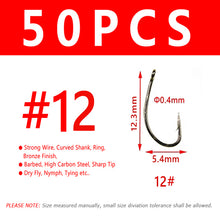 Load image into Gallery viewer, Bimoo 50pcs Fly Fishing Dry Fly Hook Standard Wire Nymph Curved Hook Bronze Finish Small Fly Lures Tying Material 12 14 16 18 20