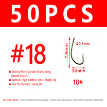 Load image into Gallery viewer, Bimoo 50pcs Fly Fishing Dry Fly Hook Standard Wire Nymph Curved Hook Bronze Finish Small Fly Lures Tying Material 12 14 16 18 20