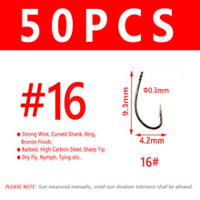 Load image into Gallery viewer, Bimoo 50pcs Fly Fishing Dry Fly Hook Standard Wire Nymph Curved Hook Bronze Finish Small Fly Lures Tying Material 12 14 16 18 20