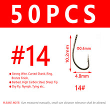 Load image into Gallery viewer, Bimoo 50pcs Fly Fishing Dry Fly Hook Standard Wire Nymph Curved Hook Bronze Finish Small Fly Lures Tying Material 12 14 16 18 20