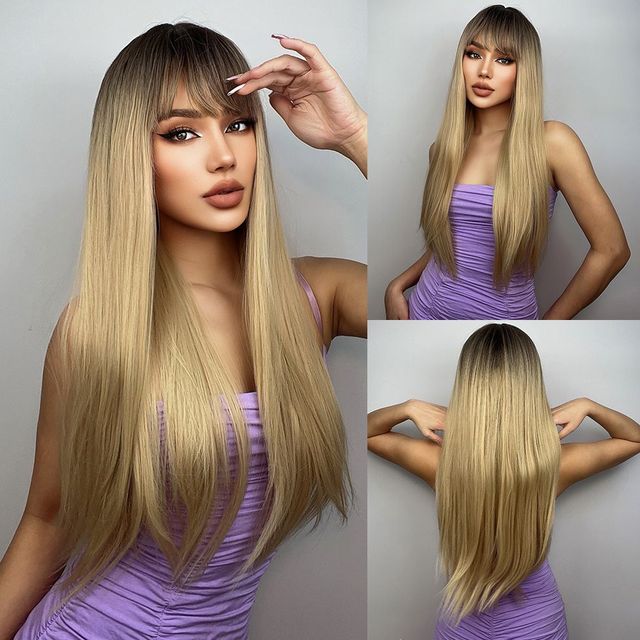 HENRY MARGU Long Natural Wavy Platinum Blonde Wigs with Bangs Cosplay Party Lolita Synthetic Wigs for Women Heat Resistant Fiber