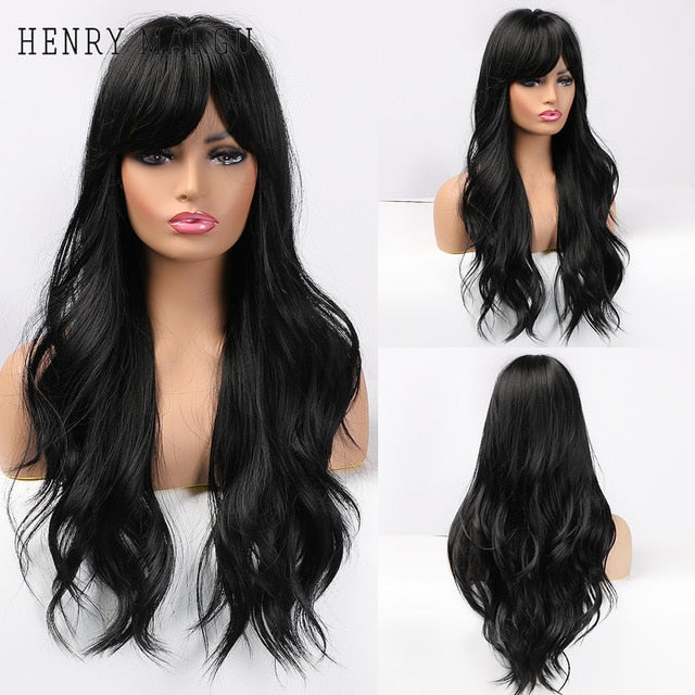 HENRY MARGU Long Natural Wavy Platinum Blonde Wigs with Bangs Cosplay Party Lolita Synthetic Wigs for Women Heat Resistant Fiber