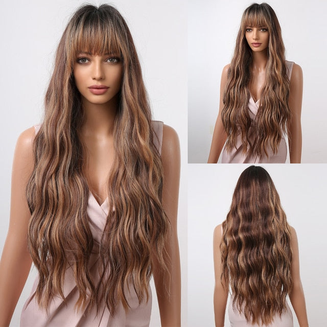 HENRY MARGU Long Natural Wavy Platinum Blonde Wigs with Bangs Cosplay Party Lolita Synthetic Wigs for Women Heat Resistant Fiber