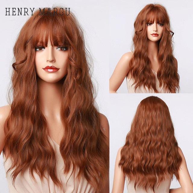 HENRY MARGU Long Natural Wavy Platinum Blonde Wigs with Bangs Cosplay Party Lolita Synthetic Wigs for Women Heat Resistant Fiber