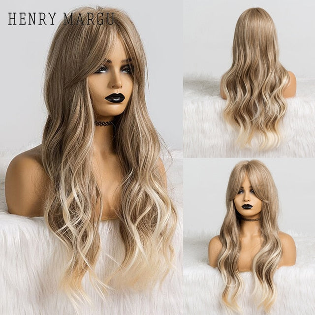HENRY MARGU Long Natural Wavy Platinum Blonde Wigs with Bangs Cosplay Party Lolita Synthetic Wigs for Women Heat Resistant Fiber