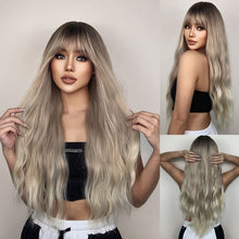 Load image into Gallery viewer, HENRY MARGU Long Natural Wavy Platinum Blonde Wigs with Bangs Cosplay Party Lolita Synthetic Wigs for Women Heat Resistant Fiber