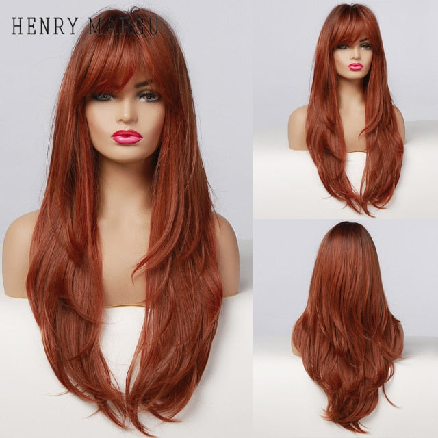 HENRY MARGU Long Natural Wavy Platinum Blonde Wigs with Bangs Cosplay Party Lolita Synthetic Wigs for Women Heat Resistant Fiber