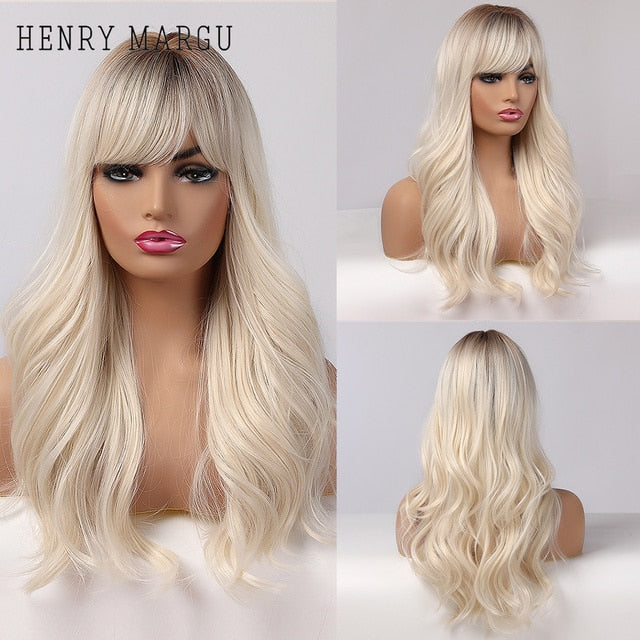 HENRY MARGU Long Natural Wavy Platinum Blonde Wigs with Bangs Cosplay Party Lolita Synthetic Wigs for Women Heat Resistant Fiber