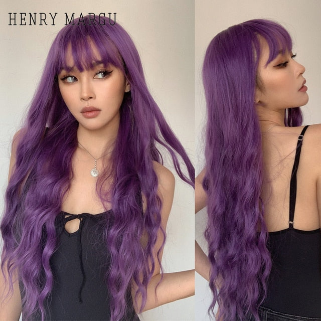 HENRY MARGU Long Natural Wavy Platinum Blonde Wigs with Bangs Cosplay Party Lolita Synthetic Wigs for Women Heat Resistant Fiber