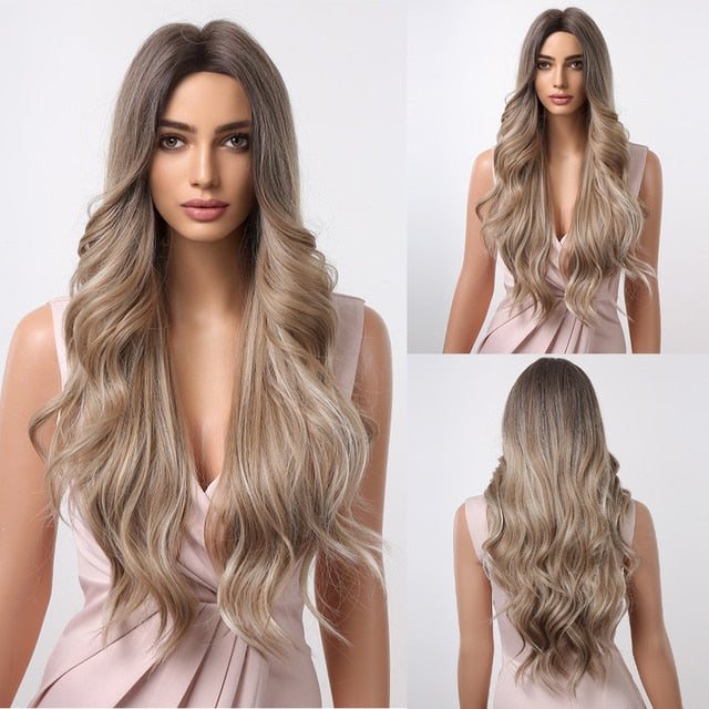 HENRY MARGU Long Natural Wavy Platinum Blonde Wigs with Bangs Cosplay Party Lolita Synthetic Wigs for Women Heat Resistant Fiber