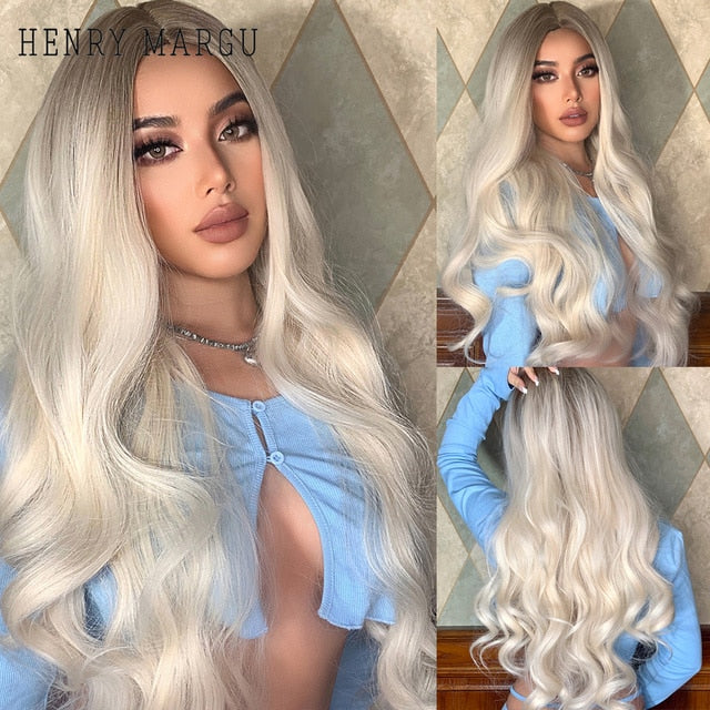 HENRY MARGU Long Natural Wavy Platinum Blonde Wigs with Bangs Cosplay Party Lolita Synthetic Wigs for Women Heat Resistant Fiber
