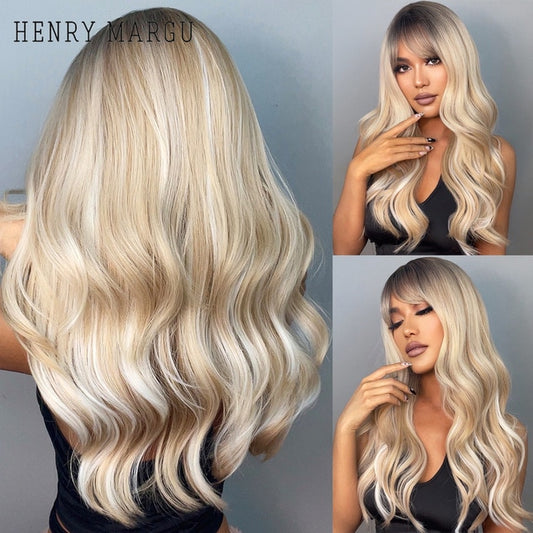 HENRY MARGU Long Natural Wavy Platinum Blonde Wigs with Bangs Cosplay Party Lolita Synthetic Wigs for Women Heat Resistant Fiber