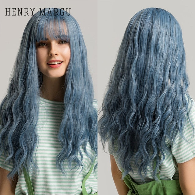 HENRY MARGU Long Natural Wavy Platinum Blonde Wigs with Bangs Cosplay Party Lolita Synthetic Wigs for Women Heat Resistant Fiber