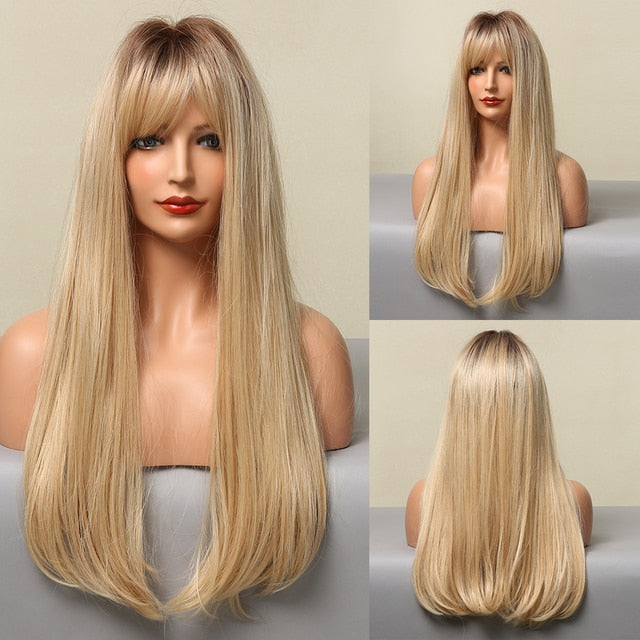 HENRY MARGU Long Natural Wavy Platinum Blonde Wigs with Bangs Cosplay Party Lolita Synthetic Wigs for Women Heat Resistant Fiber