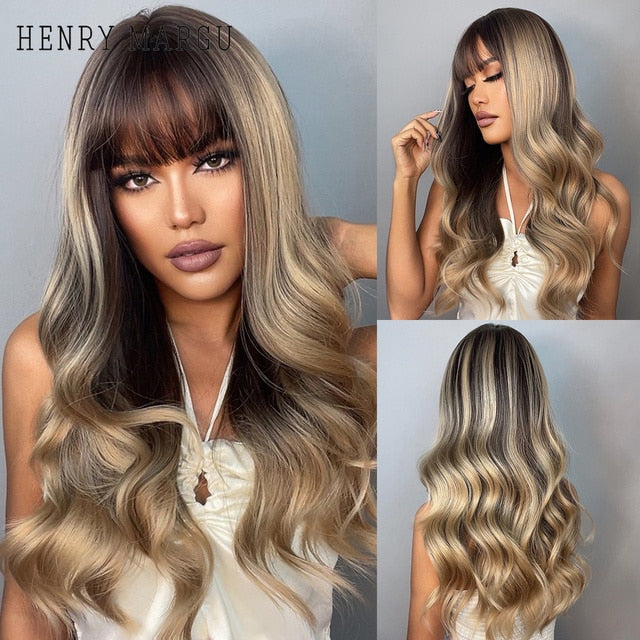 HENRY MARGU Long Natural Wavy Platinum Blonde Wigs with Bangs Cosplay Party Lolita Synthetic Wigs for Women Heat Resistant Fiber