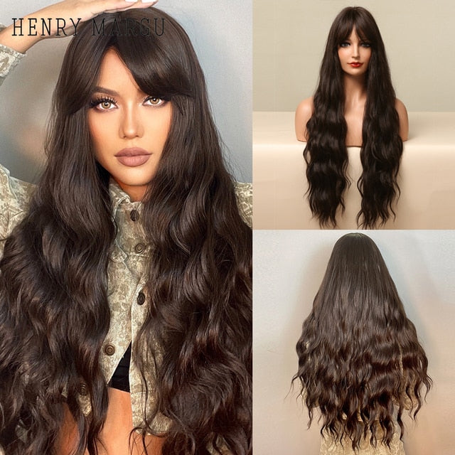 HENRY MARGU Long Natural Wavy Platinum Blonde Wigs with Bangs Cosplay Party Lolita Synthetic Wigs for Women Heat Resistant Fiber