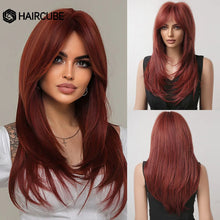 Load image into Gallery viewer, HAIRCUBE Long Straight Synthetic Wigs Brown Mixed White Highlight Hair Layered Wigs for Black Women Heat Resistant Cosplay Wigs