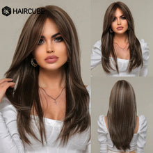 Load image into Gallery viewer, HAIRCUBE Long Straight Synthetic Wigs Brown Mixed White Highlight Hair Layered Wigs for Black Women Heat Resistant Cosplay Wigs