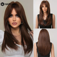Load image into Gallery viewer, HAIRCUBE Long Straight Synthetic Wigs Brown Mixed White Highlight Hair Layered Wigs for Black Women Heat Resistant Cosplay Wigs
