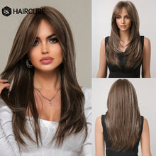 Load image into Gallery viewer, HAIRCUBE Long Straight Synthetic Wigs Brown Mixed White Highlight Hair Layered Wigs for Black Women Heat Resistant Cosplay Wigs
