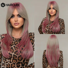 Load image into Gallery viewer, HAIRCUBE Long Straight Synthetic Wigs Brown Mixed White Highlight Hair Layered Wigs for Black Women Heat Resistant Cosplay Wigs