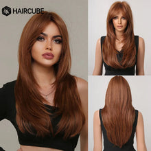 Load image into Gallery viewer, HAIRCUBE Long Straight Synthetic Wigs Brown Mixed White Highlight Hair Layered Wigs for Black Women Heat Resistant Cosplay Wigs