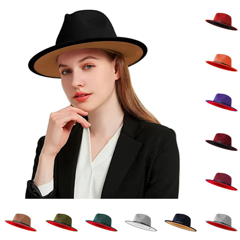 Simple Women Men Wide Brim Patchwork Fedora Hats With Belt Two Tone Dress Hat Felt Panama Hat in Two Audlt Size