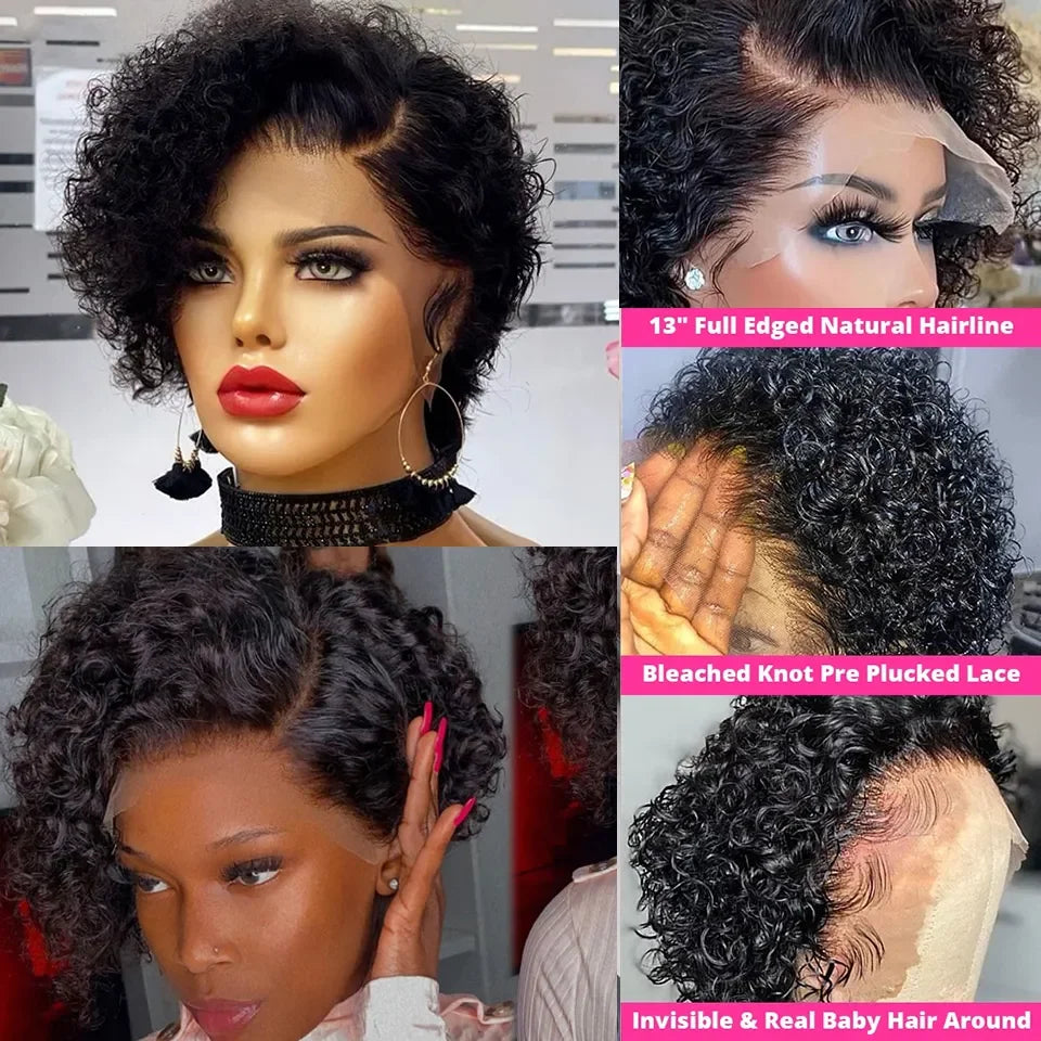 Short Bob Wig Pixie Cut Wig Curly Human Hair Wigs For Women 13x6x1 Lace Front Brazilian Deep Wave Lace Wig Preplucked Hairline