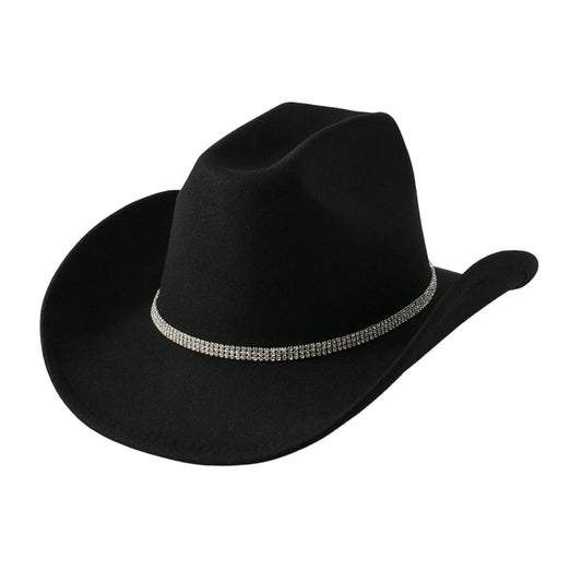 Women Men Wide Brim Fedora Hat Rhinestone Belted Wool Hat Felt Jazz Cap for Party Club Elegant Caps