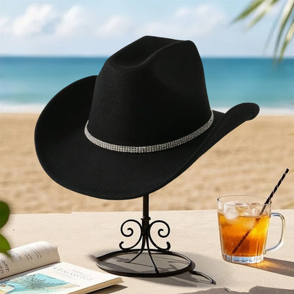 Women Men Wide Brim Fedora Hat Rhinestone Belted Wool Hat Felt Jazz Cap for Party Club Elegant Caps