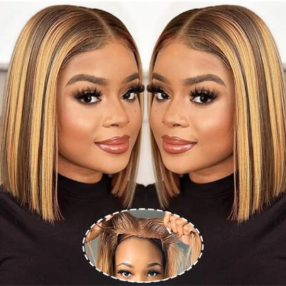 6x4 HD Lace Front Bob Wigs 14 Inch Highlight Human Hair Wigs Pre Plucked Short Straight Bob Hair 4/27 Ombre Hair Wigs for Women