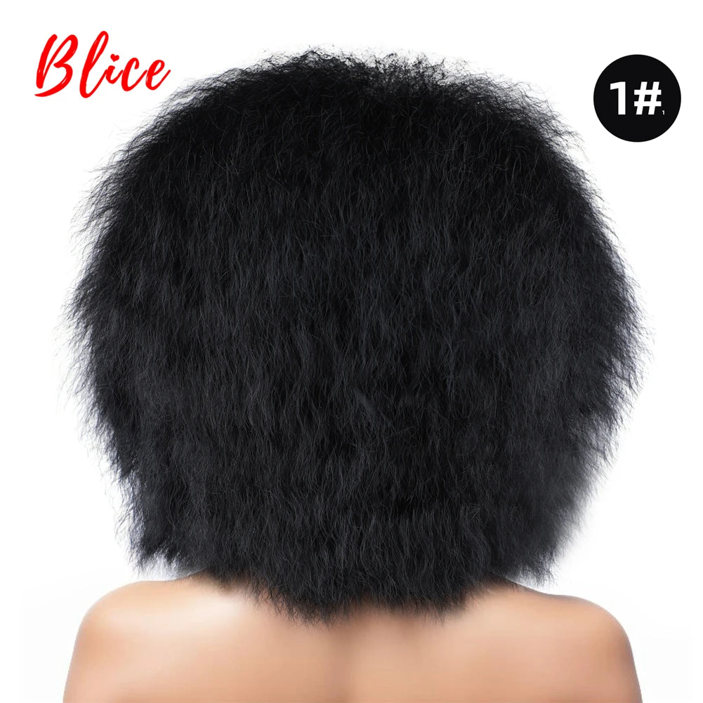 Blice 6Inch Short Synthetic Wigs Kinky Straight Kanekalon Heat Resistant Natural Black Women African American Afro Full Wig