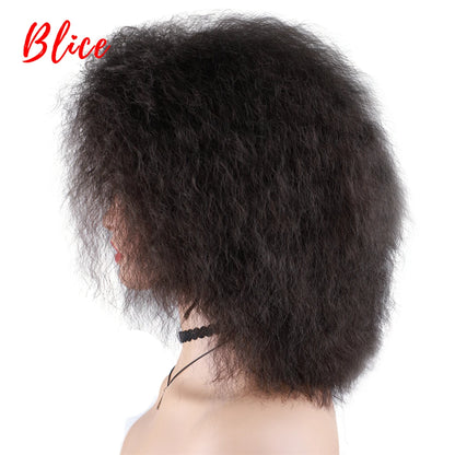 Blice 6Inch Short Synthetic Wigs Kinky Straight Kanekalon Heat Resistant Natural Black Women African American Afro Full Wig
