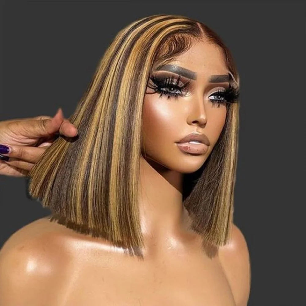6x4 HD Lace Front Bob Wigs 14 Inch Highlight Human Hair Wigs Pre Plucked Short Straight Bob Hair 4/27 Ombre Hair Wigs for Women
