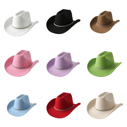 Women Men Wide Brim Fedora Hat Rhinestone Belted Wool Hat Felt Jazz Cap for Party Club Elegant Caps