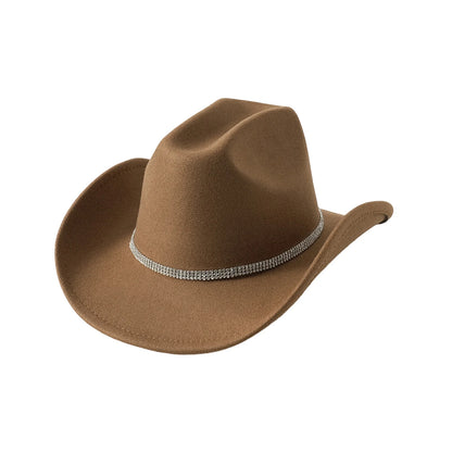 Women Men Wide Brim Fedora Hat Rhinestone Belted Wool Hat Felt Jazz Cap for Party Club Elegant Caps