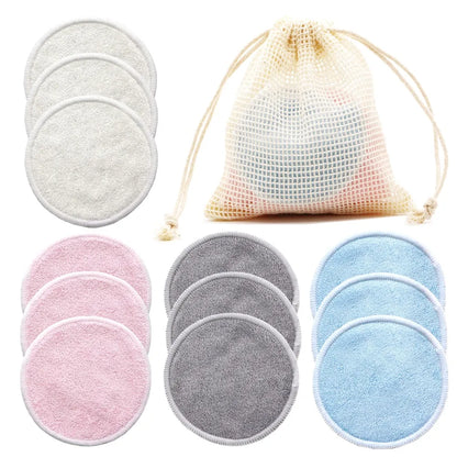 Reusable Bamboo Makeup Remover Pads 12pcs Washable Rounds Cleansing Facial Cotton Make Up Removal Pads Tool