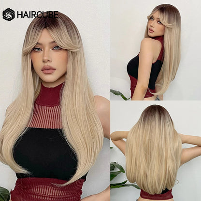 HAIRCUBE Long Straight Synthetic Wigs Brown Mixed White Highlight Hair Layered Wigs for Black Women Heat Resistant Cosplay Wigs