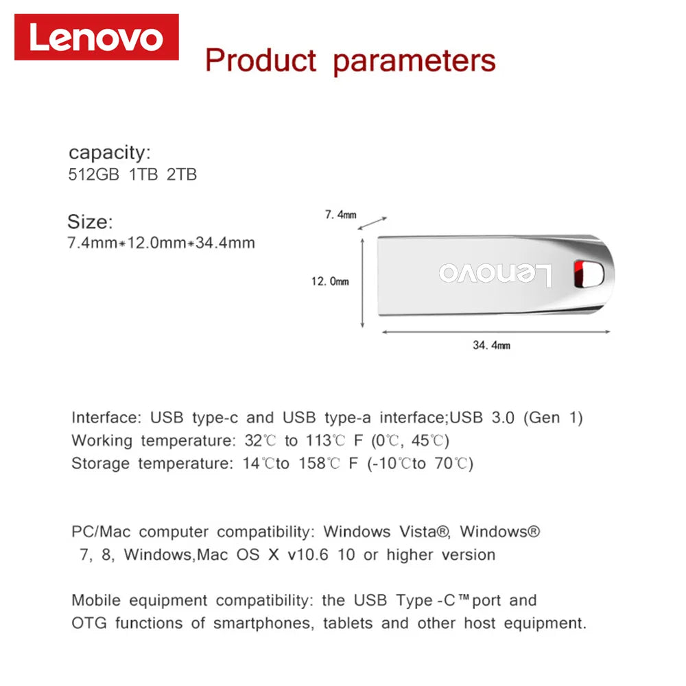 Lenovo 2TB USB Flash Drives Mini Metal Real Capacity Memory Stick Black Pen Drive Creative Business Gift Silver Storage U Disk