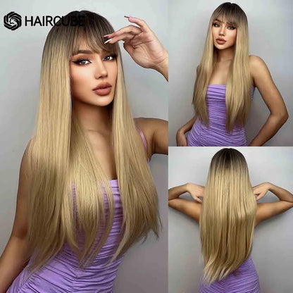 HAIRCUBE Long Straight Synthetic Wigs Brown Mixed White Highlight Hair Layered Wigs for Black Women Heat Resistant Cosplay Wigs