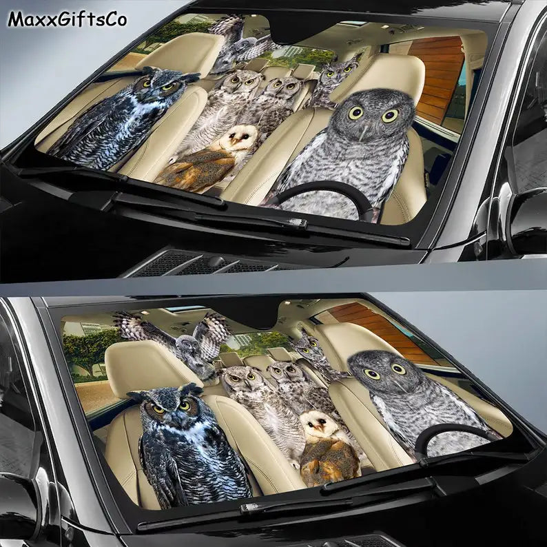 Owl Car Sun Shade, Owls Windshield, Owls Family Sunshade, Owl Car Accessories, Car Decoration, Gift For Dad, Mom