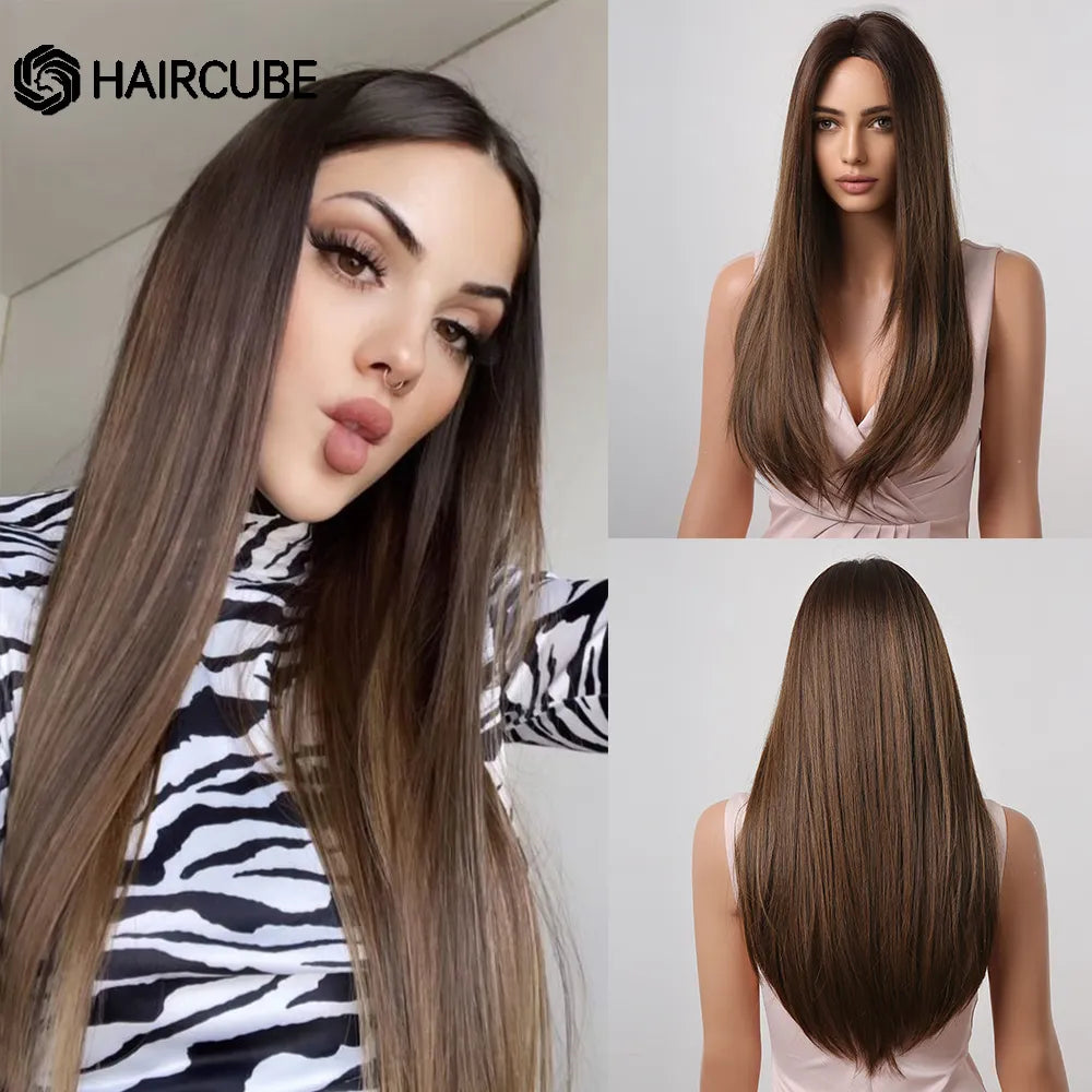 HAIRCUBE Long Straight Synthetic Wigs Brown Mixed White Highlight Hair Layered Wigs for Black Women Heat Resistant Cosplay Wigs