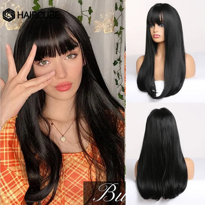 HAIRCUBE Long Straight Synthetic Wigs Brown Mixed White Highlight Hair Layered Wigs for Black Women Heat Resistant Cosplay Wigs