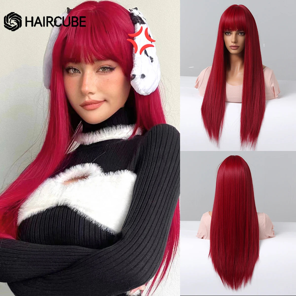 HAIRCUBE Long Straight Synthetic Wigs Brown Mixed White Highlight Hair Layered Wigs for Black Women Heat Resistant Cosplay Wigs