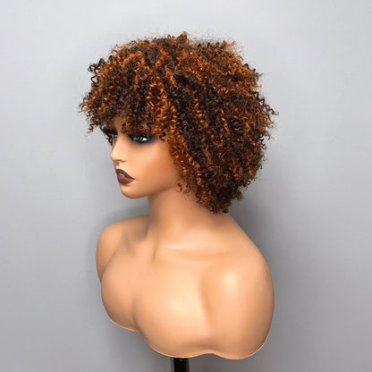 Short Curly Wig With Bangs Wear And Go Glueless Human Hair Afro Kinky Curly Brazilian Remy Brown Highlight Full Machine Made Wig