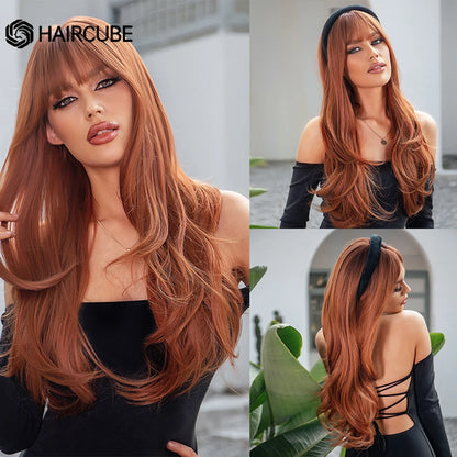 HAIRCUBE Long Straight Synthetic Wigs Brown Mixed White Highlight Hair Layered Wigs for Black Women Heat Resistant Cosplay Wigs